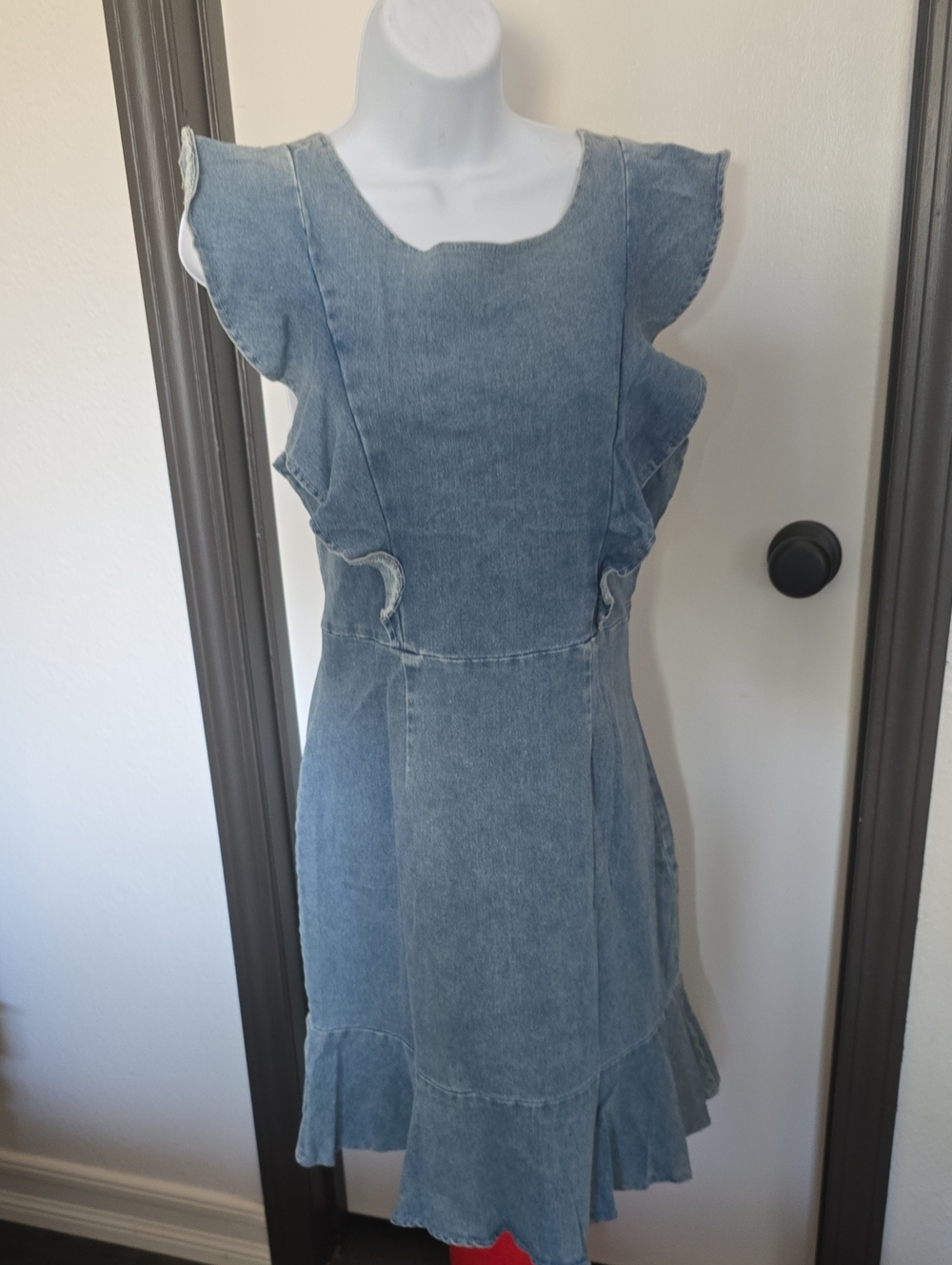 Denim Ruffle Hem Sleeveless Dress - Light Blue - Picture 1 of 4